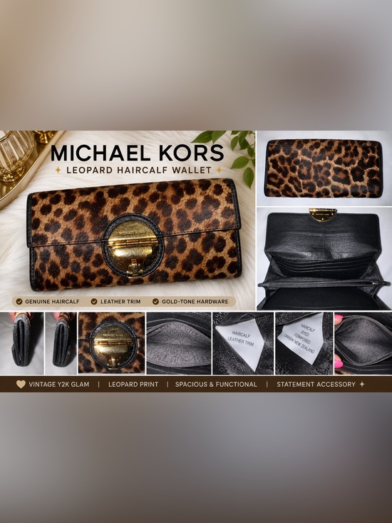 Michael Kors Handbags - Michael Kors Leopard Haircalf Leather Turn Lock Wallet Clutch